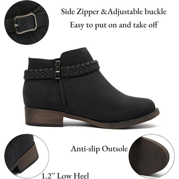 Veittes Women's Black Comfort Slip On Low Chunky Heel Boot with Buckle Strap - Picture 3 of 6